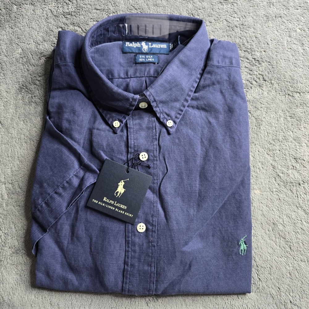 NWT Ralph Lauren Blake Shirt Mens Large Tall Navy Blue S/S Silk Linen Green Pony
